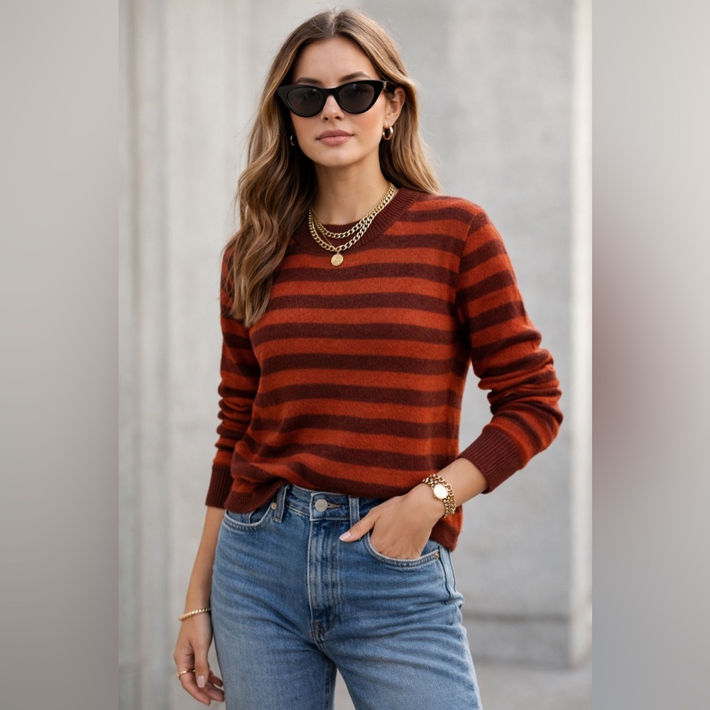 Revolve 525 America Cashmere Striped Crewneck in Brown Rust Color Sz S